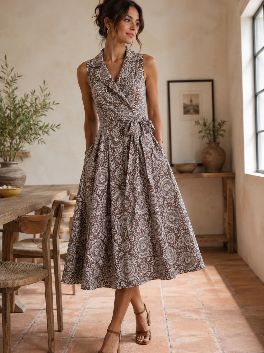 Elegant Floral Wrap Midi Dress Fit & Flare Belted Wedding Guest Brunch Tea Party